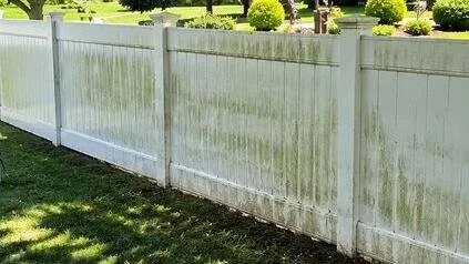 White vinyl fence before cleaning