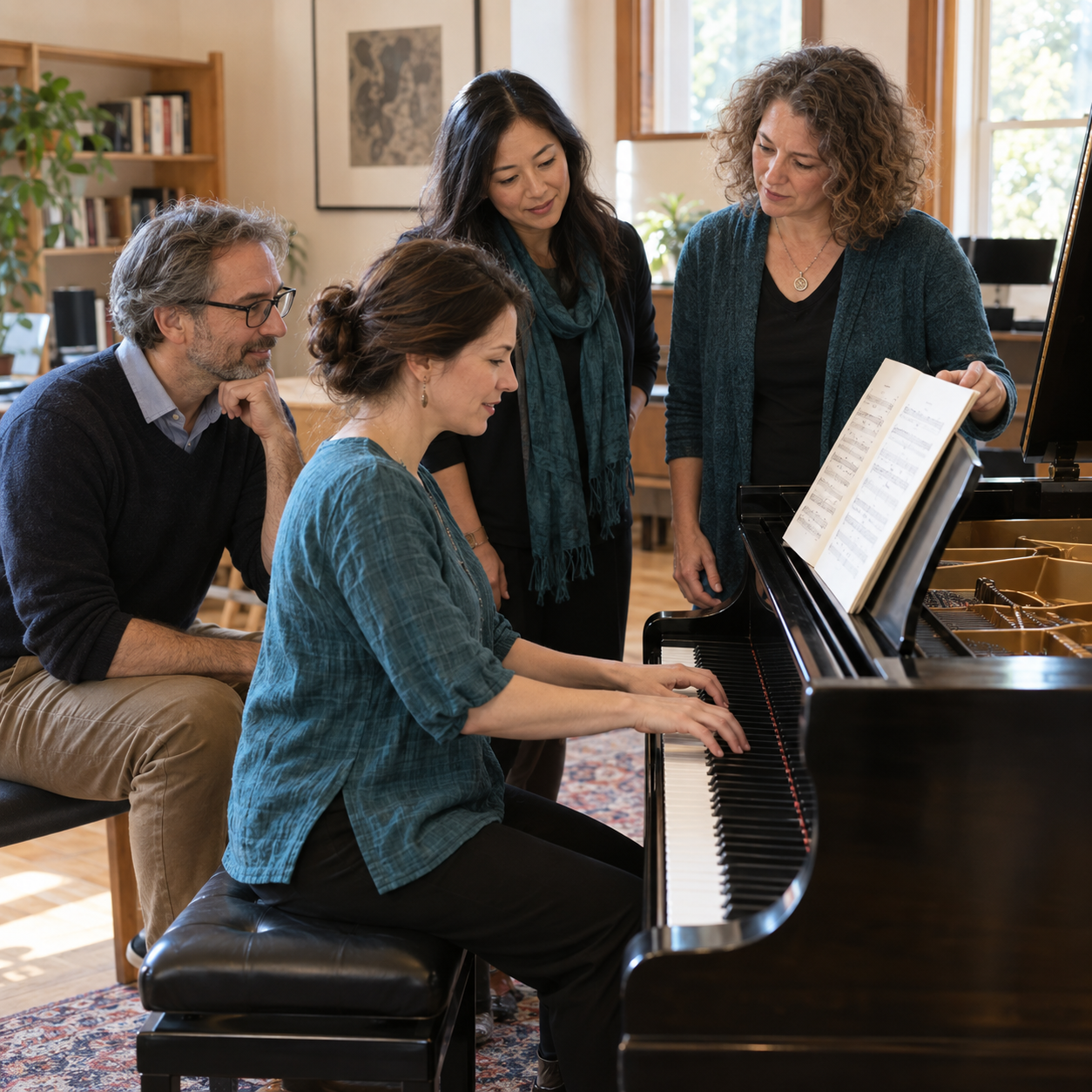 Four adult musicians learning together around a grand piano