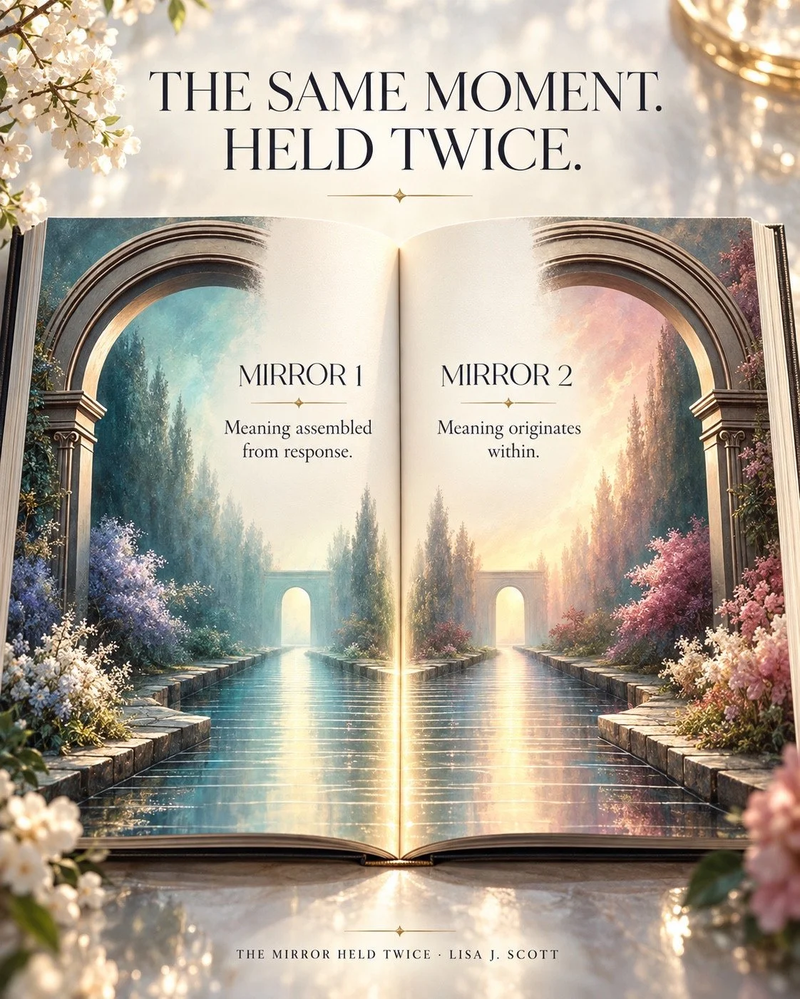 The supplied Mirror artwork opens into two mirrored garden worlds: teal water and trees on the left, peach light and pink flowers on the right, joined by a glowing seam. Embedded artwork text reads: Mirror 1, Meaning assembled from response. Mirror 2, Meaning originates within.