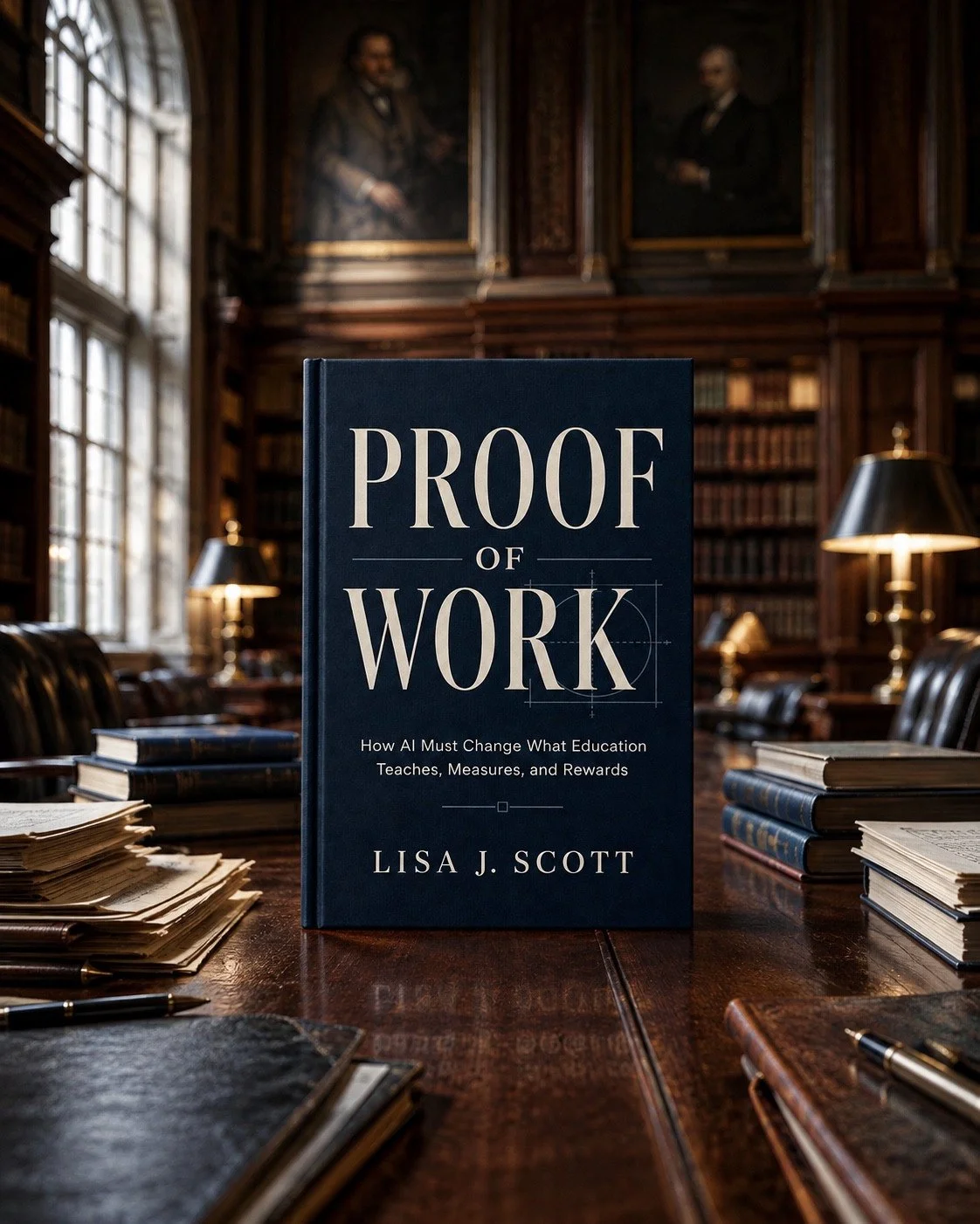 Proof of Work by Lisa J. Scott on a wooden table in a warmly lit library.