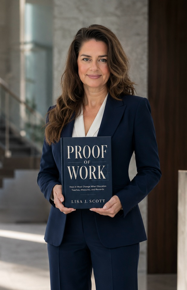 Lisa J. Scott wearing a navy suit and holding Proof of Work.