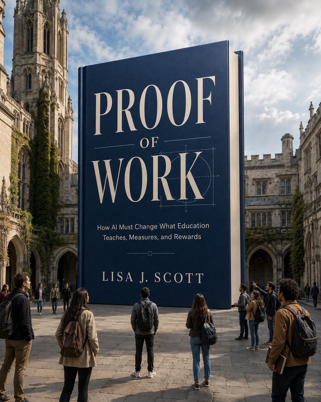 Promotional artwork of a monumental Proof of Work book in a stone university courtyard, with people nearby.