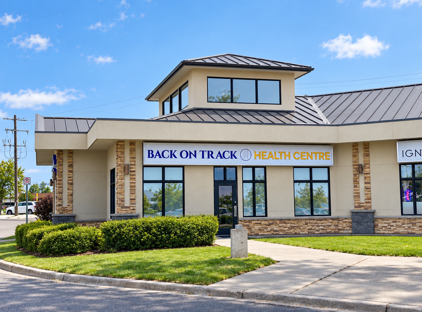 Exterior and entrance of Back On Track Health Centre in Spruce Grove