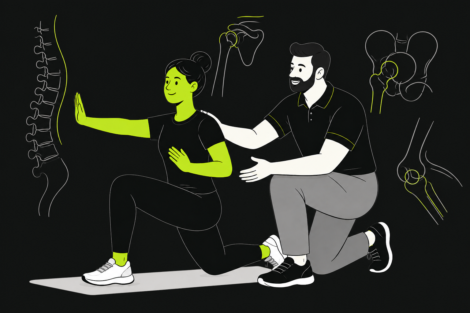 Illustration of a physical therapist guiding an adult through a mobility exercise, surrounded by simple anatomy diagrams