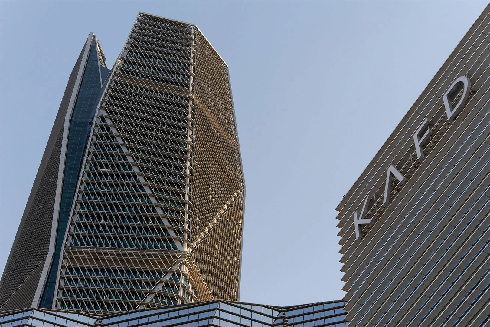 King Abdullah Financial District towers in Riyadh, viewed from below.