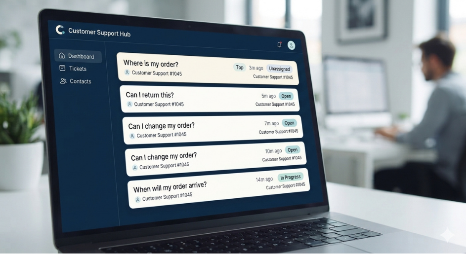 Customer support inbox showing a queue of order and return questions