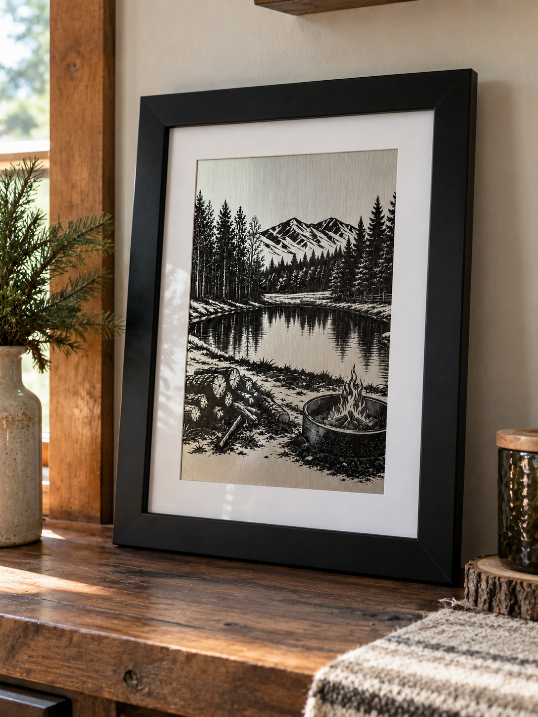 Maine landscape metal art on a mantle
