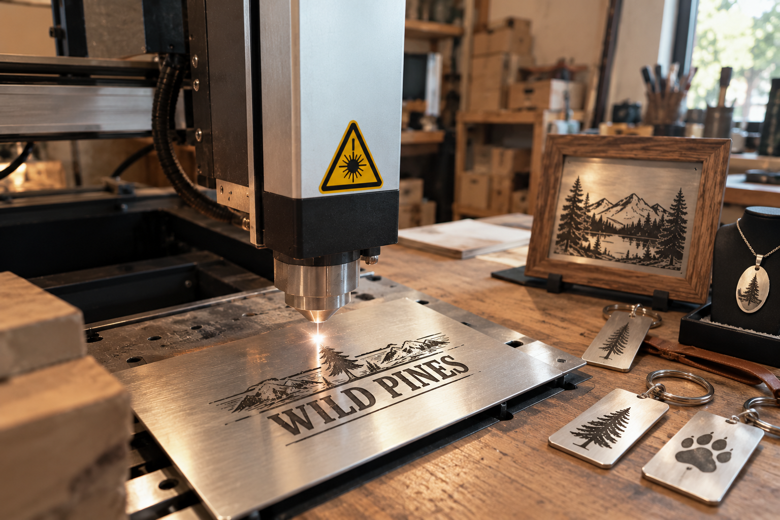 Laser engraving steel in the Wild Pines workshop