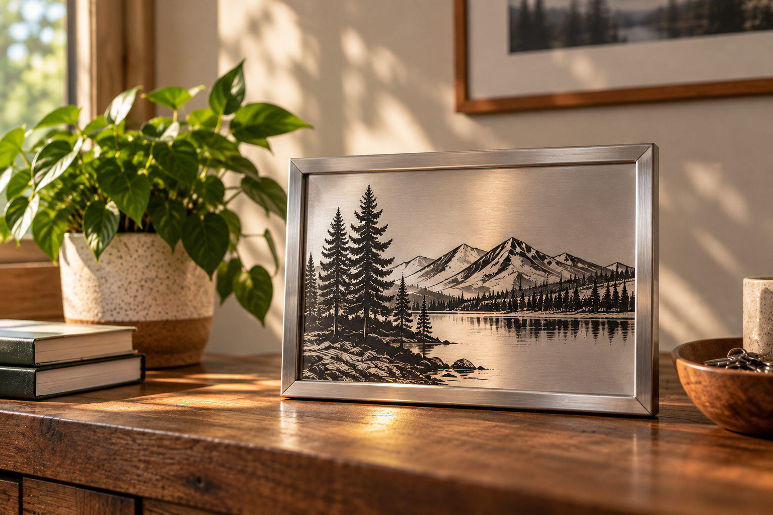 Wild Pines handcrafted metal landscape artwork in a warm Maine-inspired setting
