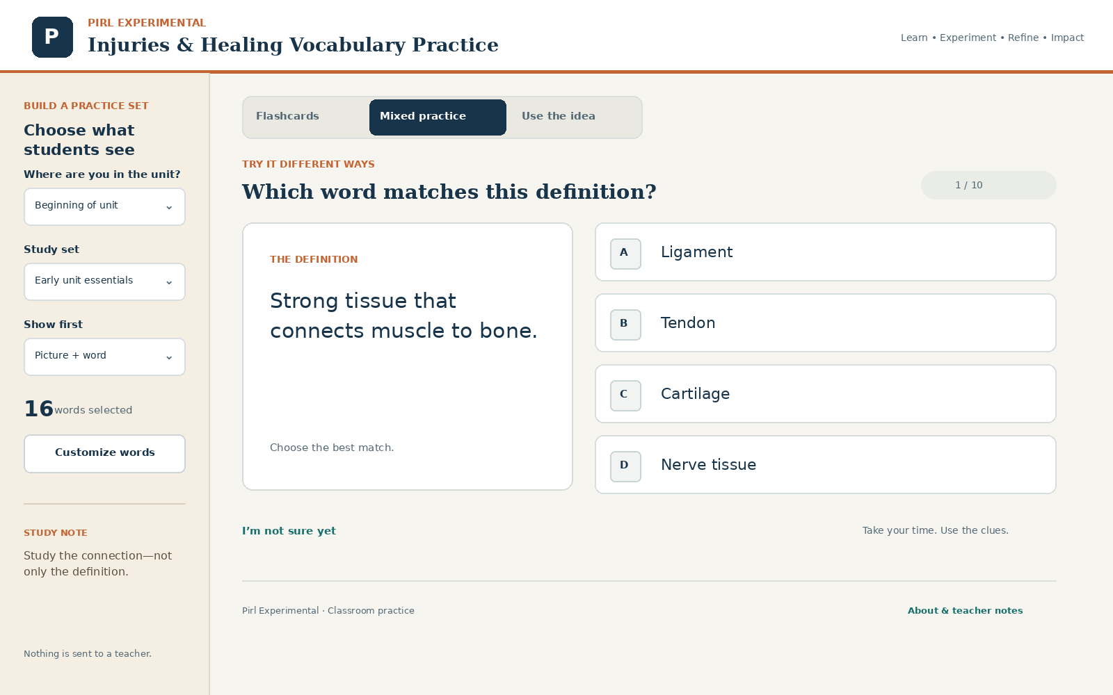 Vocabulary simulator mixed-practice screen asking a student to identify a word from its definition