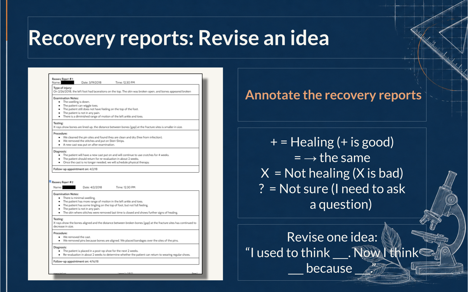 Recovery report slide with annotation symbols for improvement, no change, ongoing concern, and uncertainty, plus a revision sentence frame.