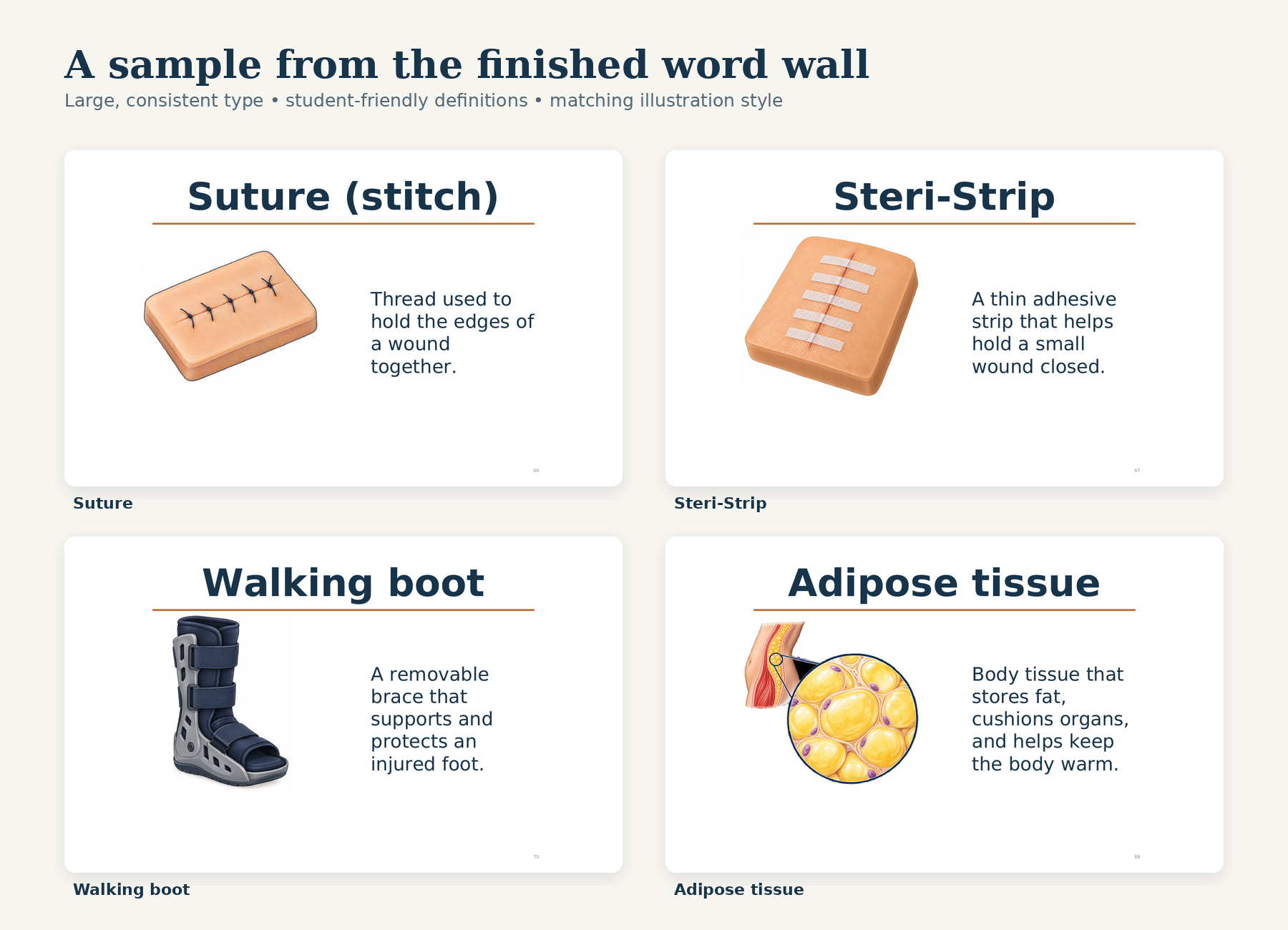 Four matching printable vocabulary cards for suture, Steri-Strip, walking boot, and adipose tissue