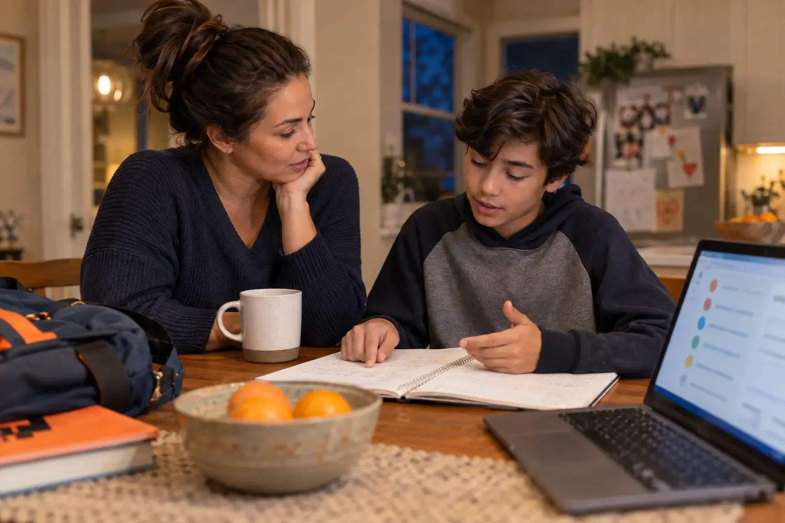 A parent listening while a middle-school student explains work in a notebook beside a laptop