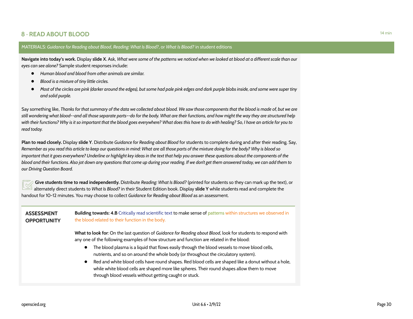 OpenSciEd reading step asking students to identify blood component functions and connect structure to function