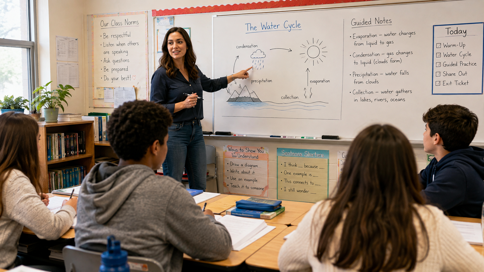 Teacher giving direct instruction with a visual model and guided notes