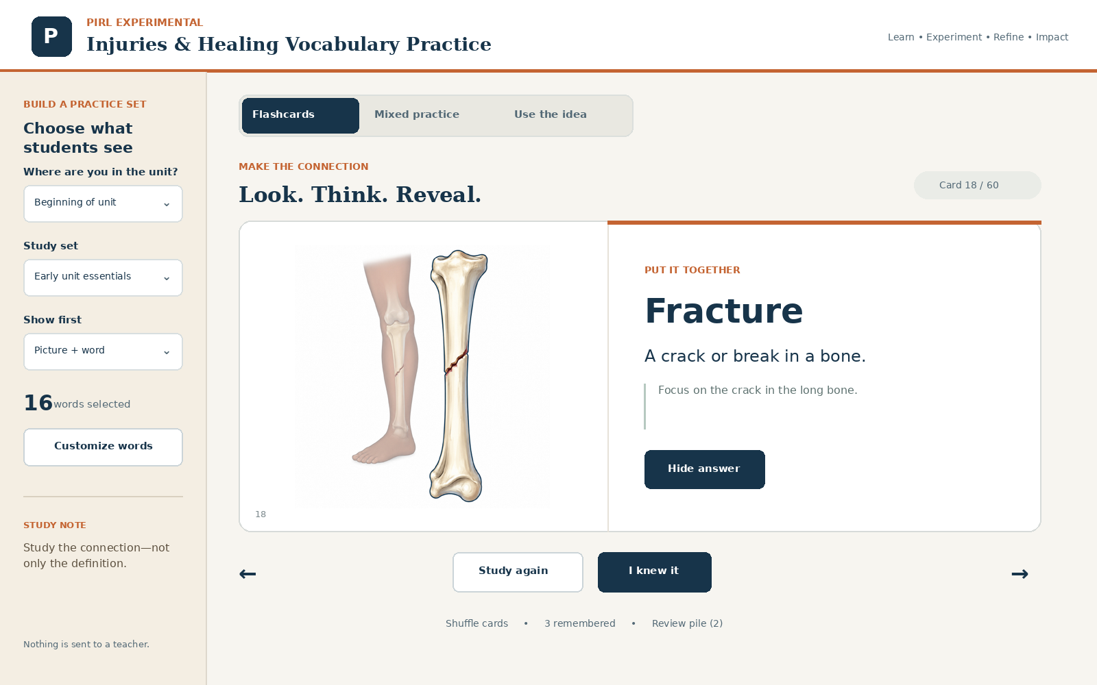 Injuries and Healing vocabulary practice showing an illustrated flash card, visual clue, and answer controls