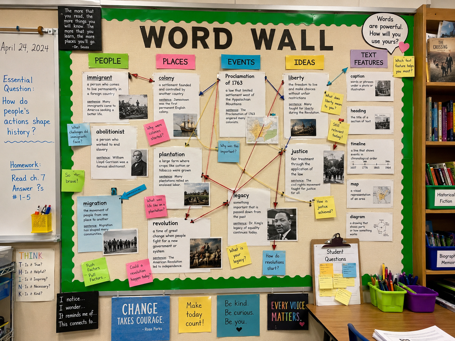 Classroom word wall with vocabulary, images, questions, and connections