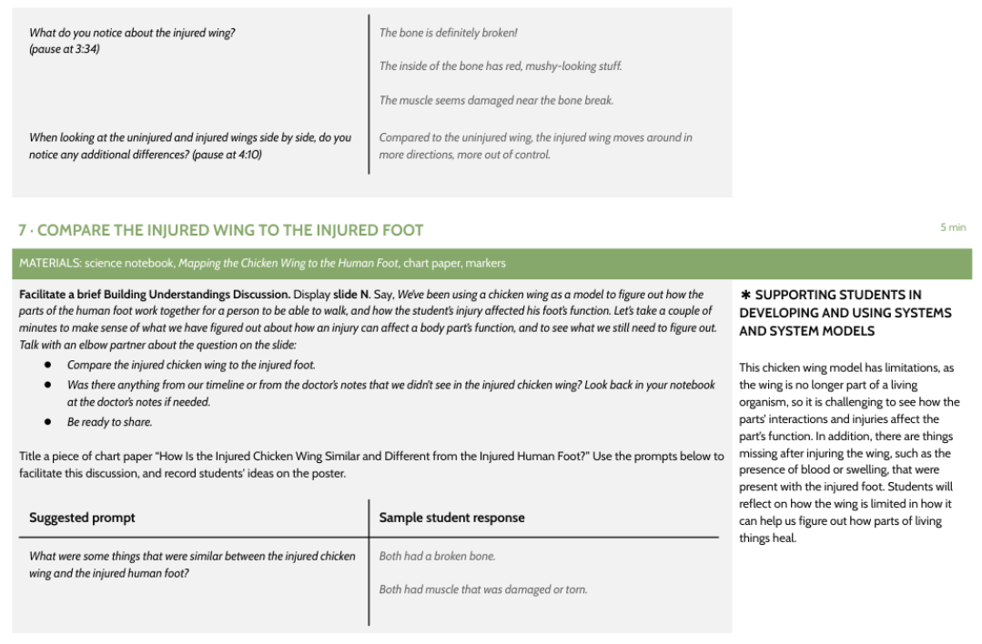OpenSciEd injured chicken wing comparison and model limitations