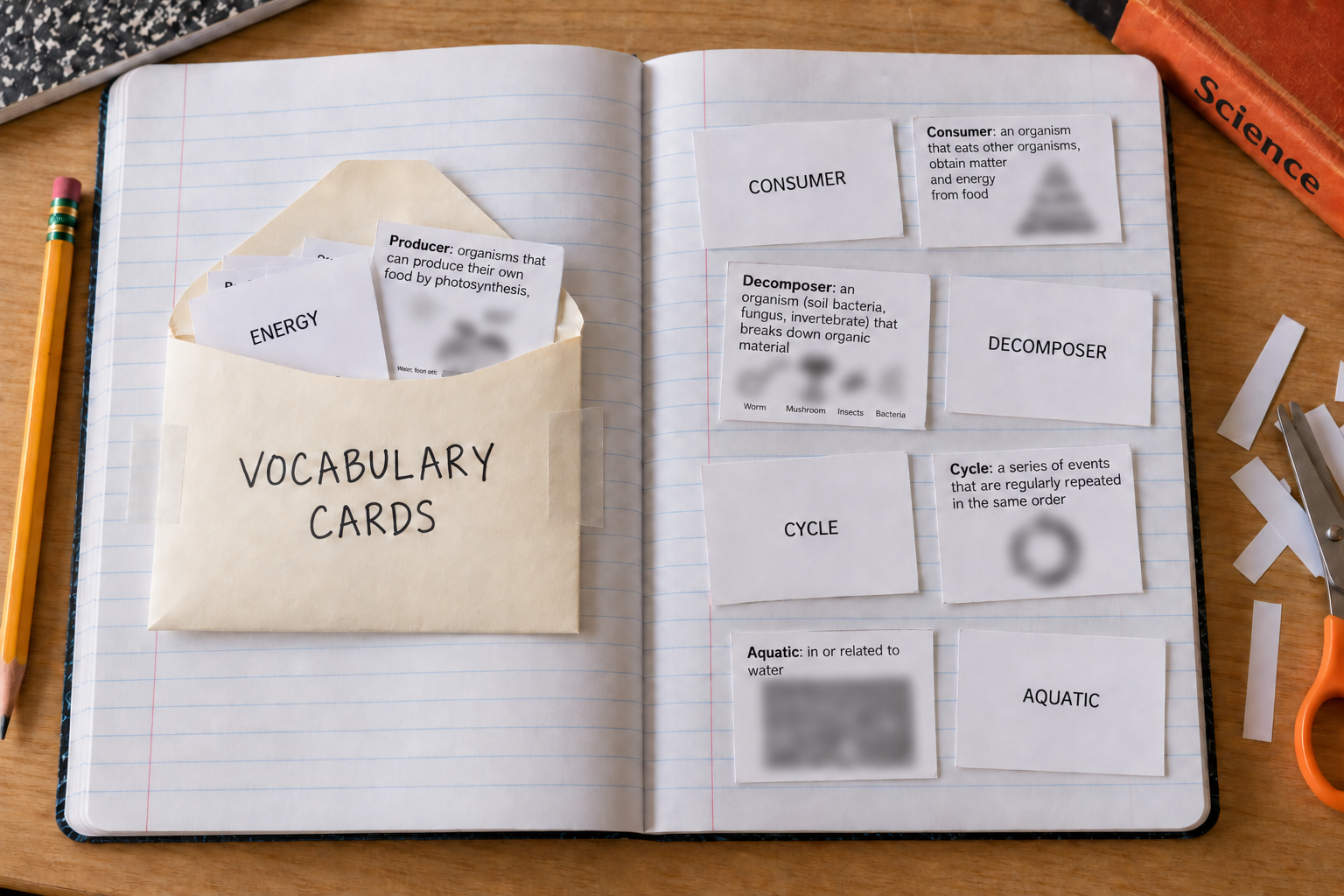 Open science notebook with a paper envelope taped inside and printed vocabulary flash cards spread across the opposite page