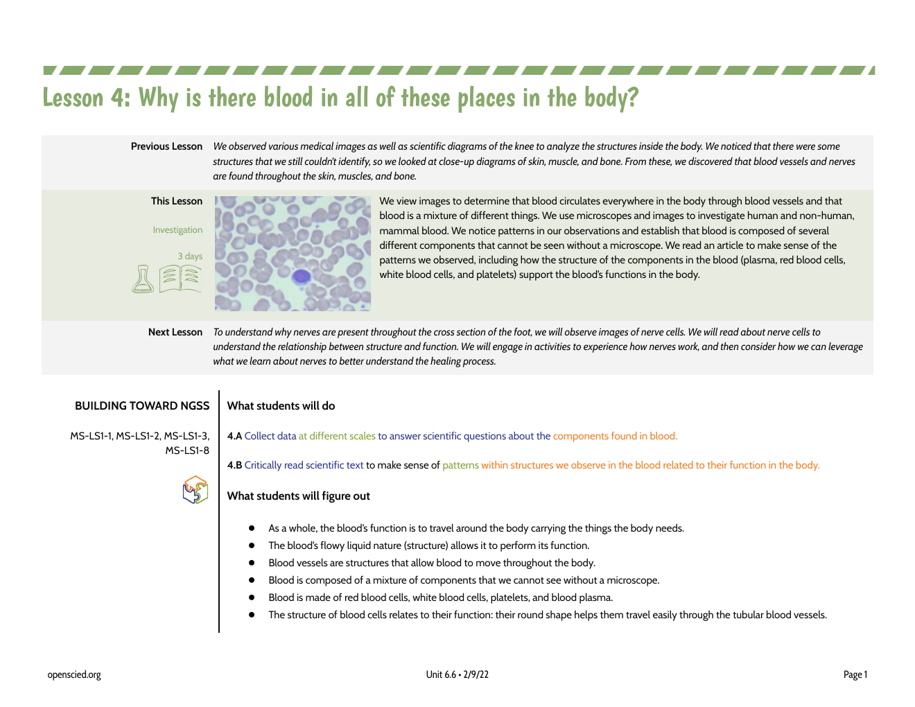 OpenSciEd Lesson 4 overview showing blood vessels, blood microscopy, reading, and structure-function sensemaking