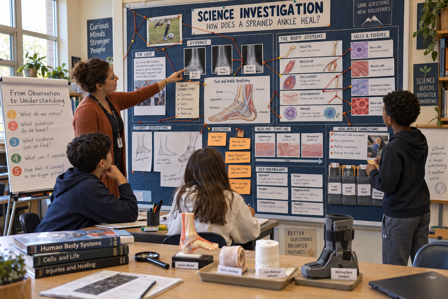 Science classroom investigation storyboard connecting student questions, vocabulary, body systems, cell division, evidence, and a healing timeline