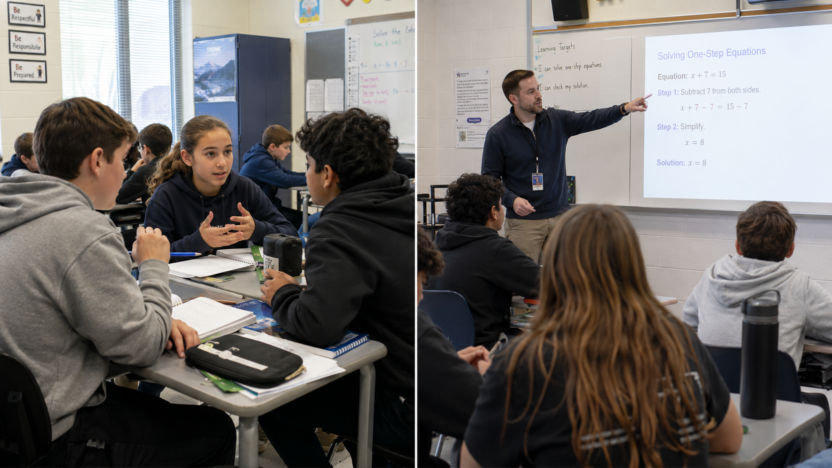Side-by-side classroom scenes showing student discussion and teacher-led explanation