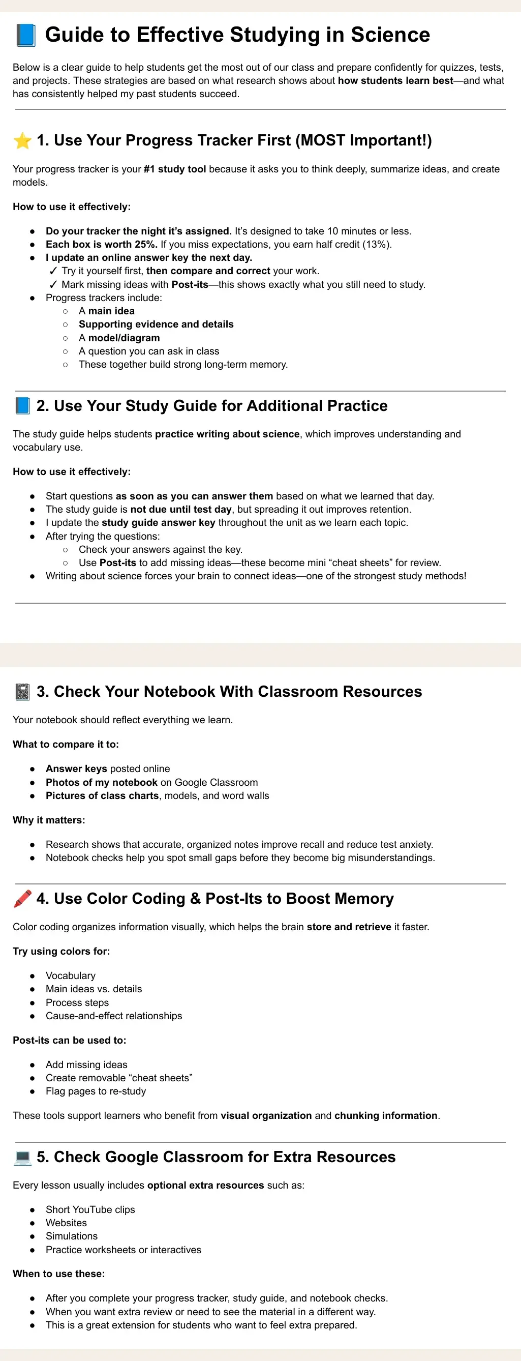 Guide to Effective Studying in Science with progress tracker study guide notebook and Google Classroom strategies