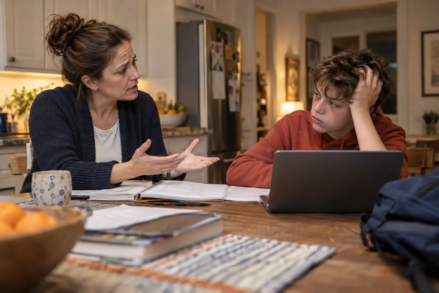 A parent and middle-school student discussing schoolwork at a kitchen table