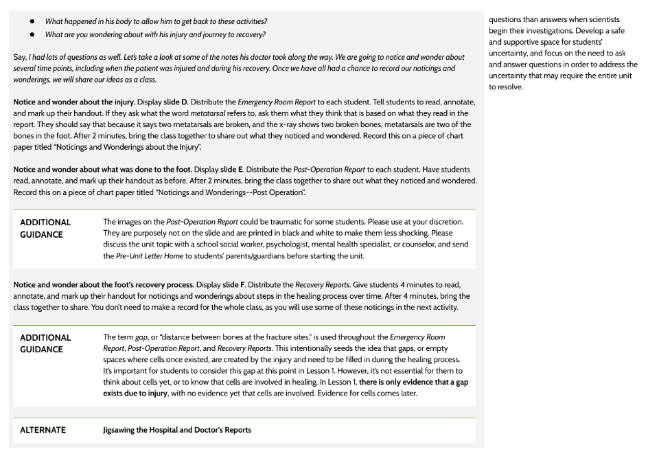 OpenSciEd teacher guide excerpt describing notice and wonder with Emergency Room and Post-Operation Reports