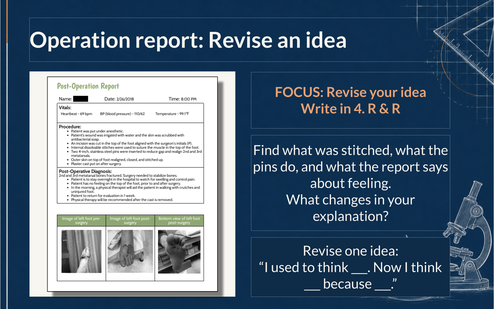 Operation report slide asking what was stitched, what the pins do, and what changed in the student's explanation.