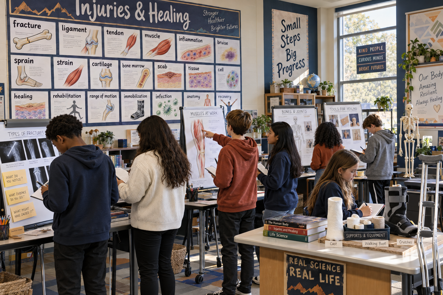 Science classroom with a vocabulary word wall, flip charts, pictures, and hands-on information stations