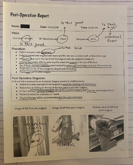 Annotated post-operation report used as classroom notes