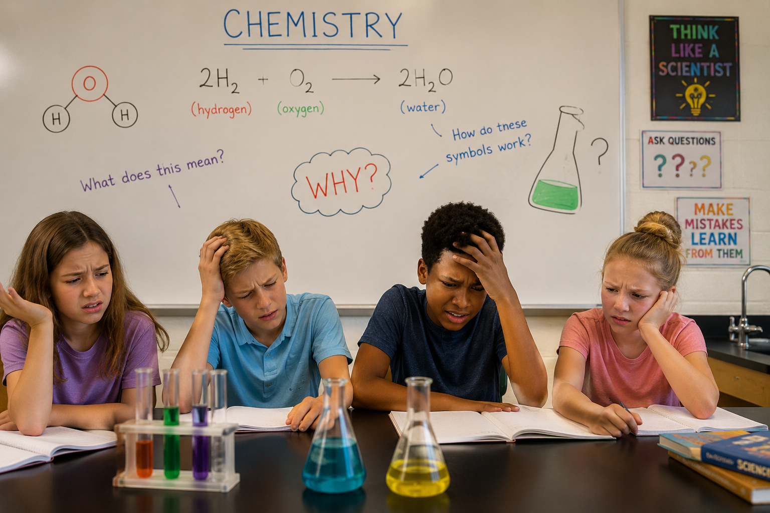 Students looking confused while working through introductory chemistry concepts