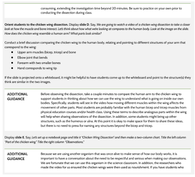 OpenSciEd chicken-wing investigation guidance