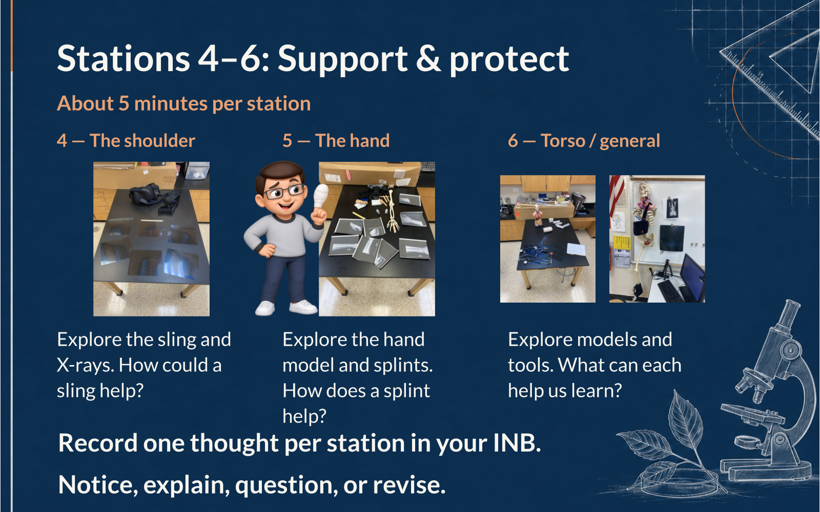 Classroom photographs of shoulder, hand, and torso stations with directions to record one thought per station.