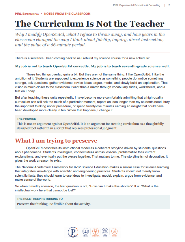 The first page of The Curriculum Is Not the Teacher article.