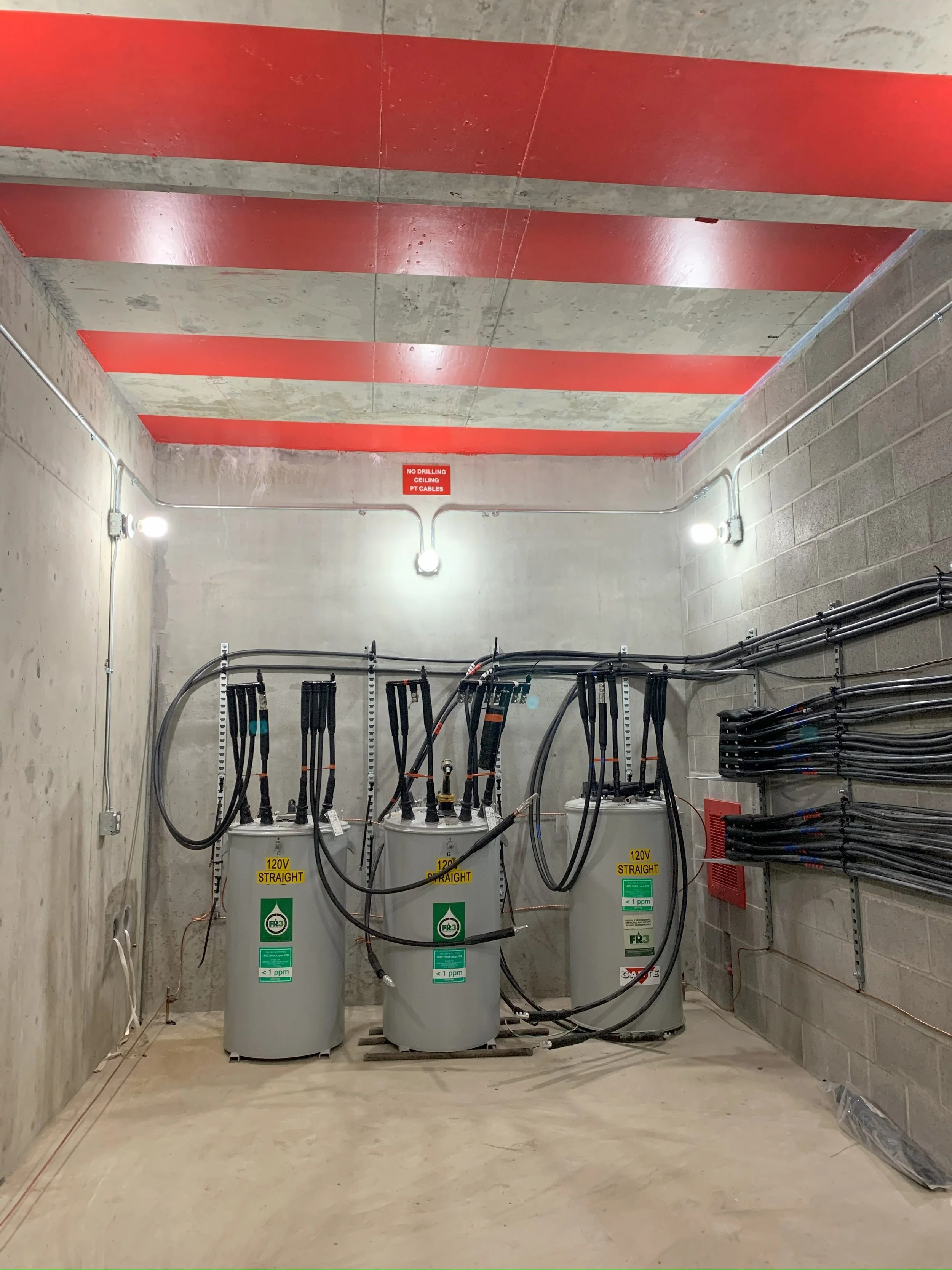 Completed subterranean transformer vault with terminated primary cable