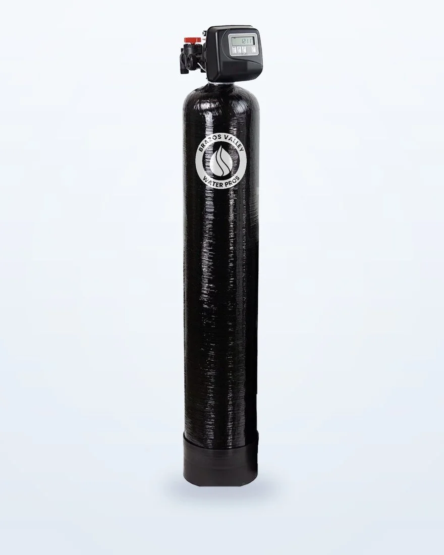 Brazos Valley Water Pros whole-home carbon filter tank with backwashing control valve