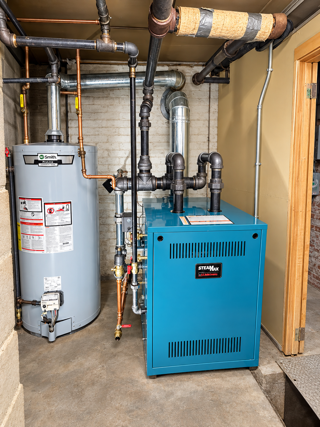 Residential steam boiler and water heater with installed pipework.