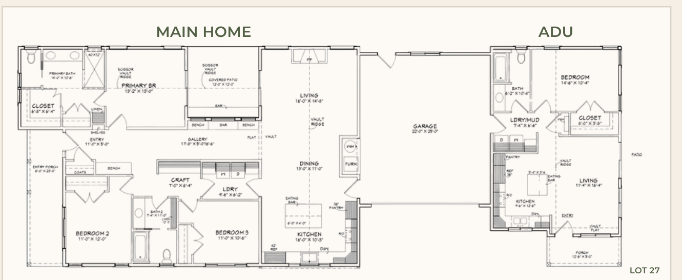 Lot 27 floor plan showing the main home and the ADU joined by the garage (opens full size)