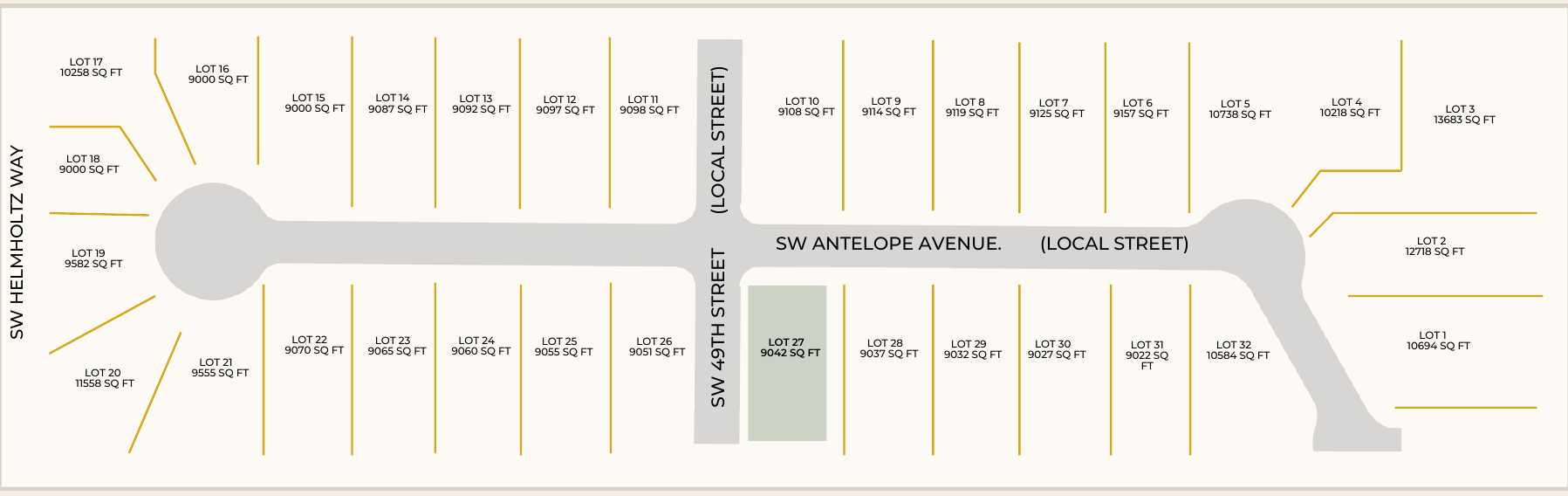 Plat map of the 32 Antelope Flatts lots with Lot 27 highlighted