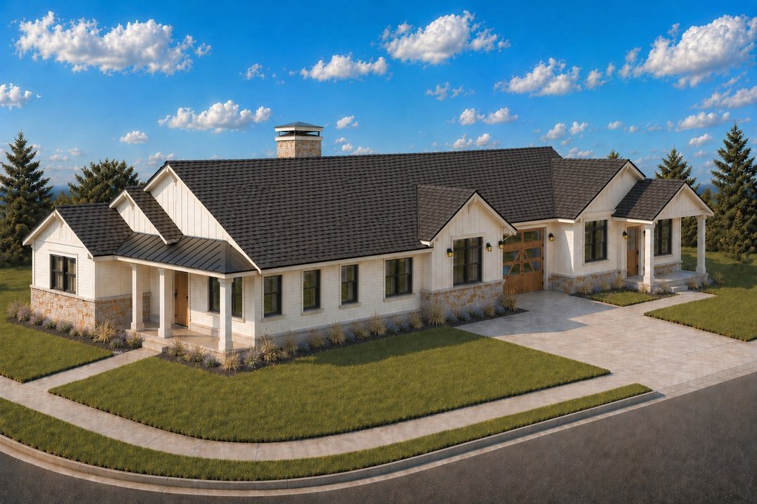 Preliminary rendering of an Antelope Flatts home with board-and-batten siding and stone accents