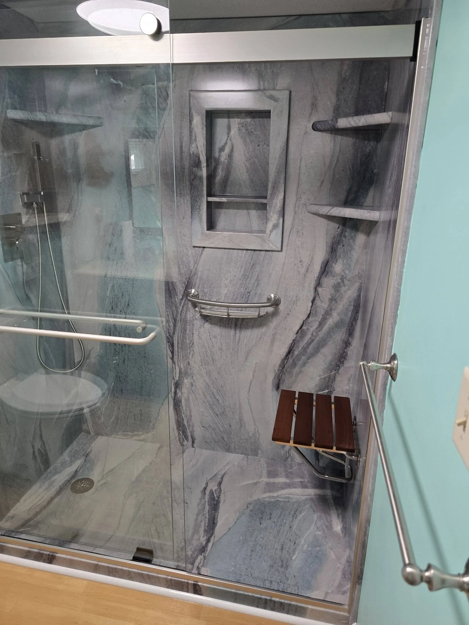 The finished walk-in shower
