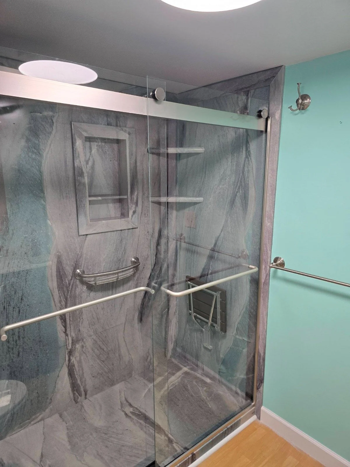 Walk-in shower seat view