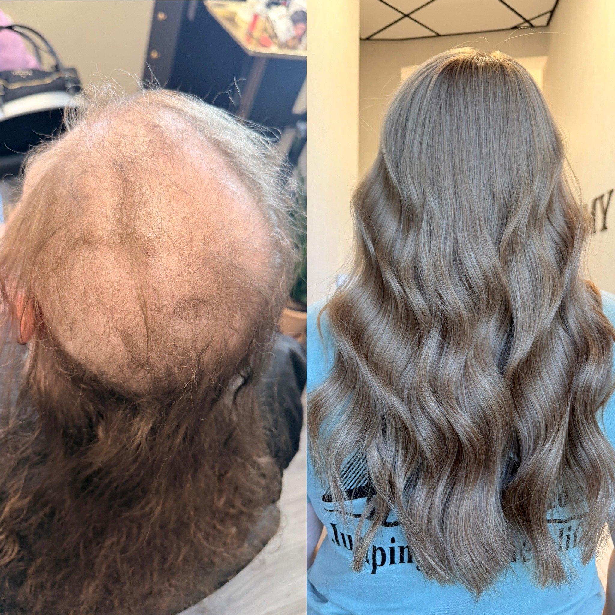 Before and after hair transformation by Whitney: thinning at the crown beside a full, softly waved hairstyle