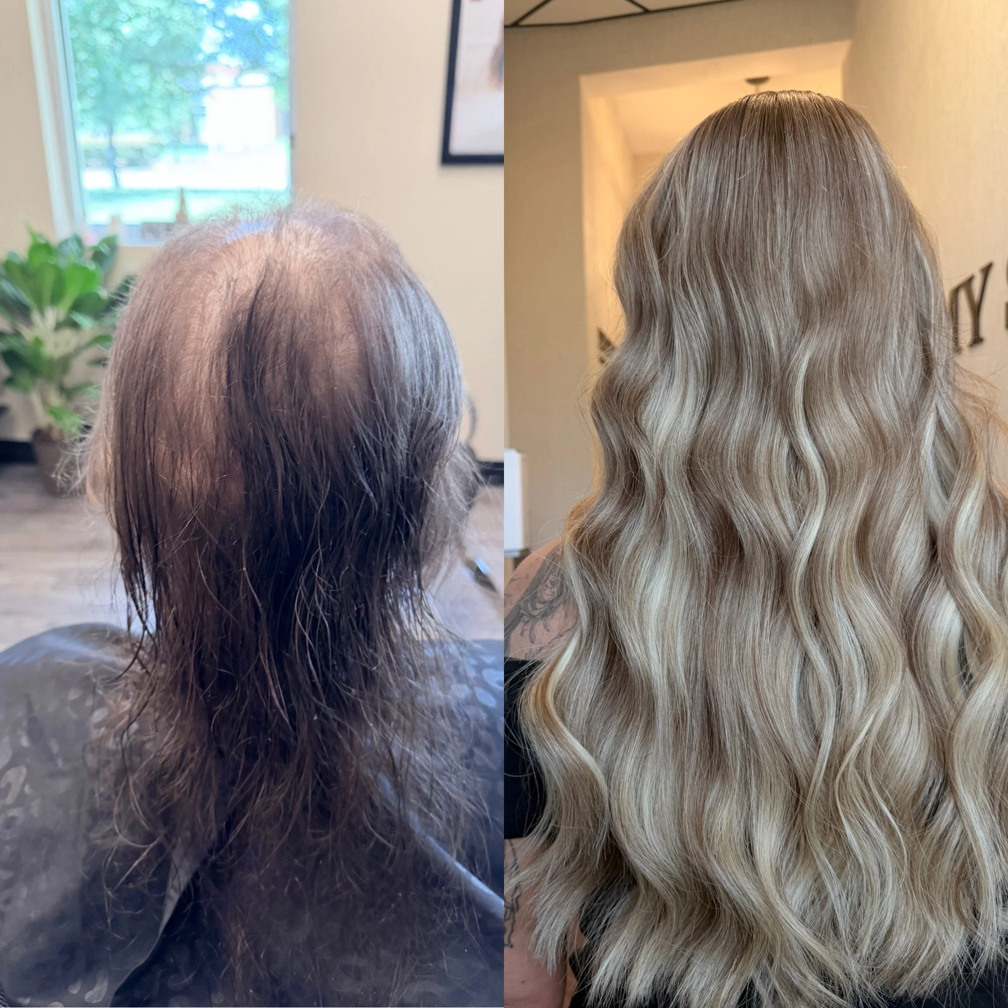 Before and after hair transformation by Whitney: visible crown thinning beside fuller blonde waves