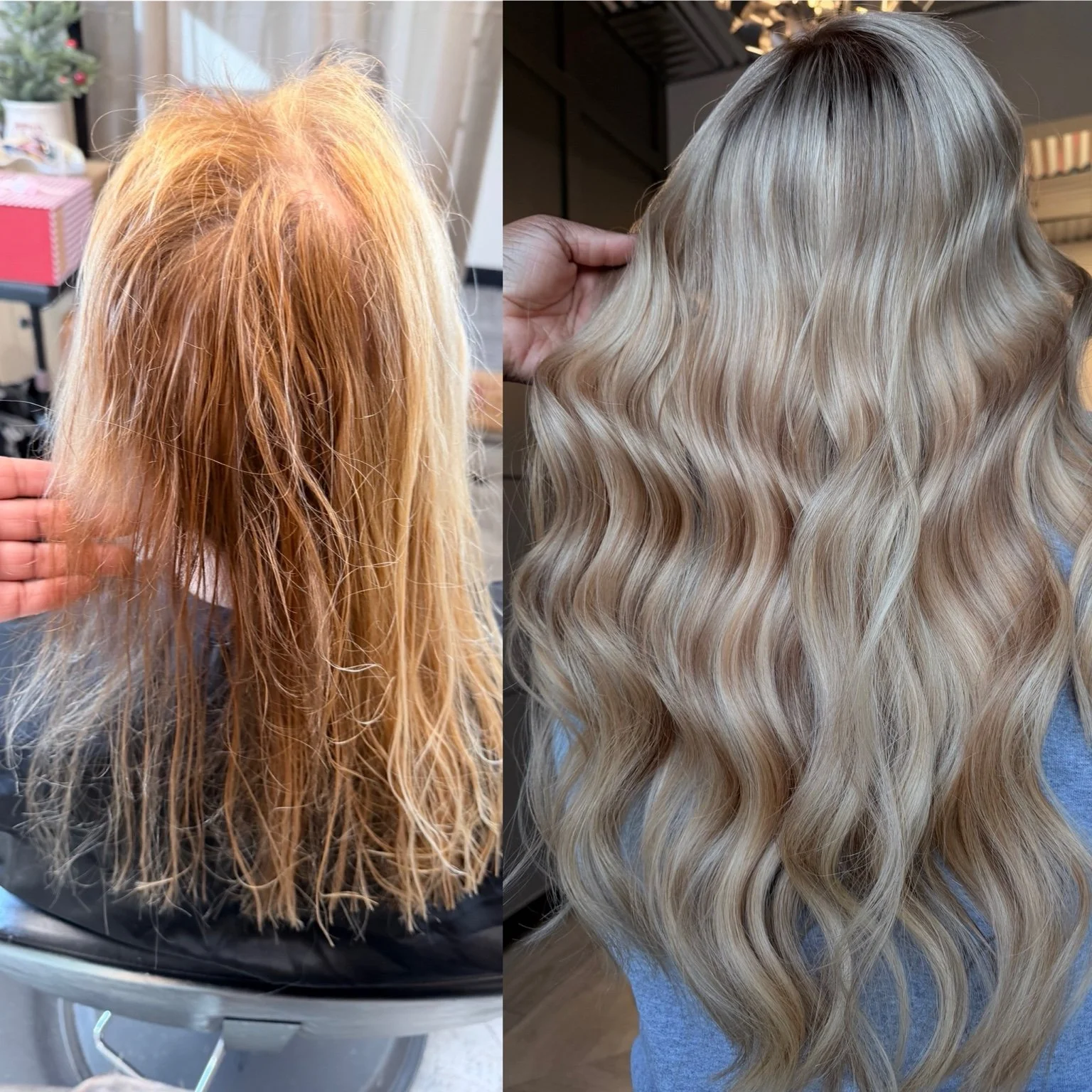 Before and after hair transformation by Whitney: sparse, uneven lengths beside long blonde waves