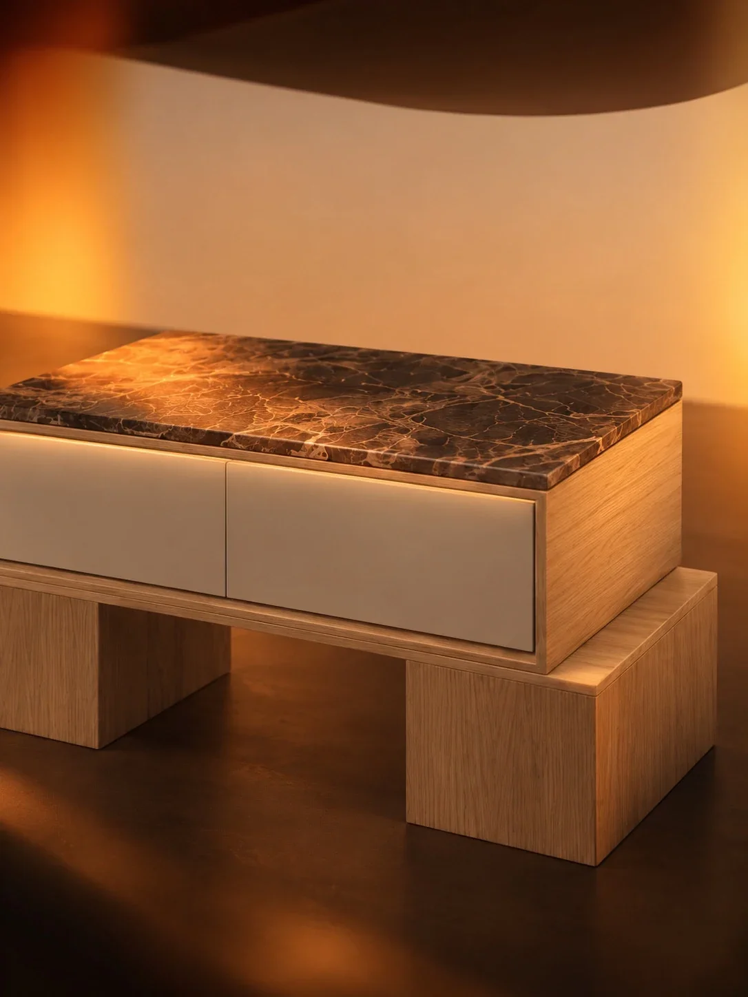 Close detail of Emperador marble, light oak grain and the drawer fronts in the amber architectural set.
