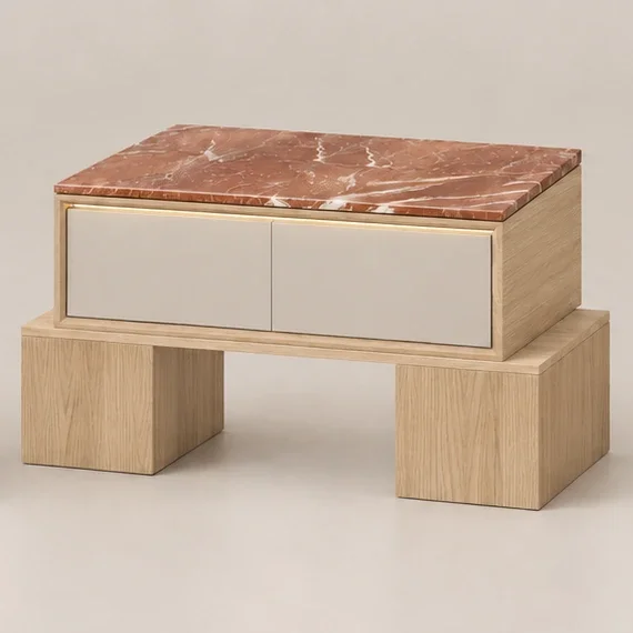 BLOQUE Nightstand in Bleached Light Oak with Rojo Alicante marble, three-quarter product view
