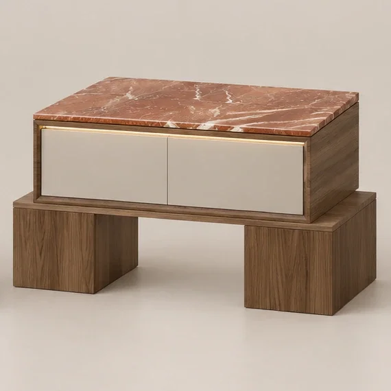 BLOQUE Nightstand in Dark Oak with Rojo Alicante marble, three-quarter product view
